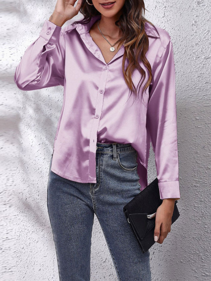 Women's Fashion Satin Loose Button Up Long Sleeve  Blouses & Shirts