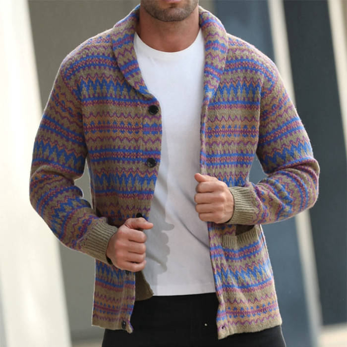 Retro Pattern Knitted Cardigan Fashion Lapel Jacket Casual Sweater