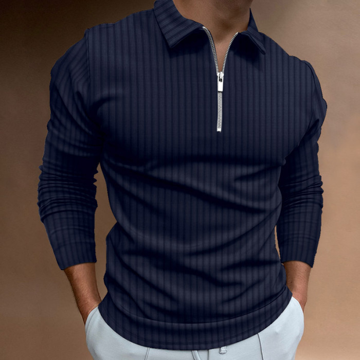 Men's Casual Long Sleeve Polo Shirt Solid Color Zipper Shirt Top