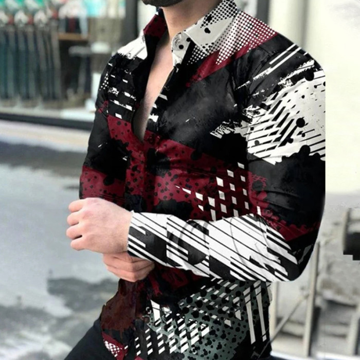 Men's Long Sleeve Slim Button Lapel Fashion 3D Printing Party Shirt Blouse