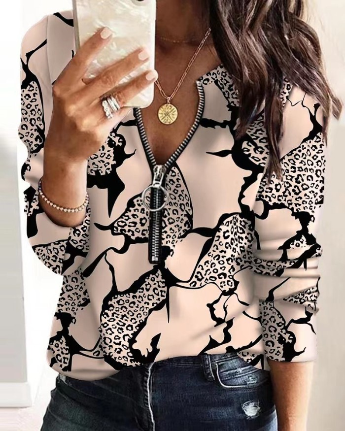 Women's Fashion Digital Printing Zipper Long Sleeve Casual Sweatshirts