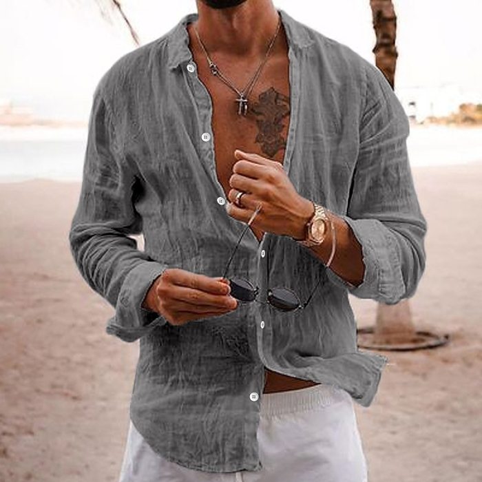 Men's 100% Cotton Linen Long Sleeve Solid Color Lapel Casual Blouse & Shirts