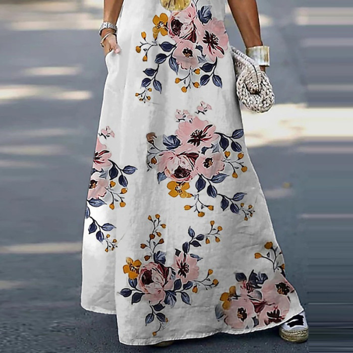 Fashion Floral Print A Line Cotton Elegant V Neck Sleeveless Loose Party Dress