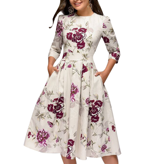 Women's O Neck Elegant Long Sleeve Party Vintage Floral Print Midi Party Dress