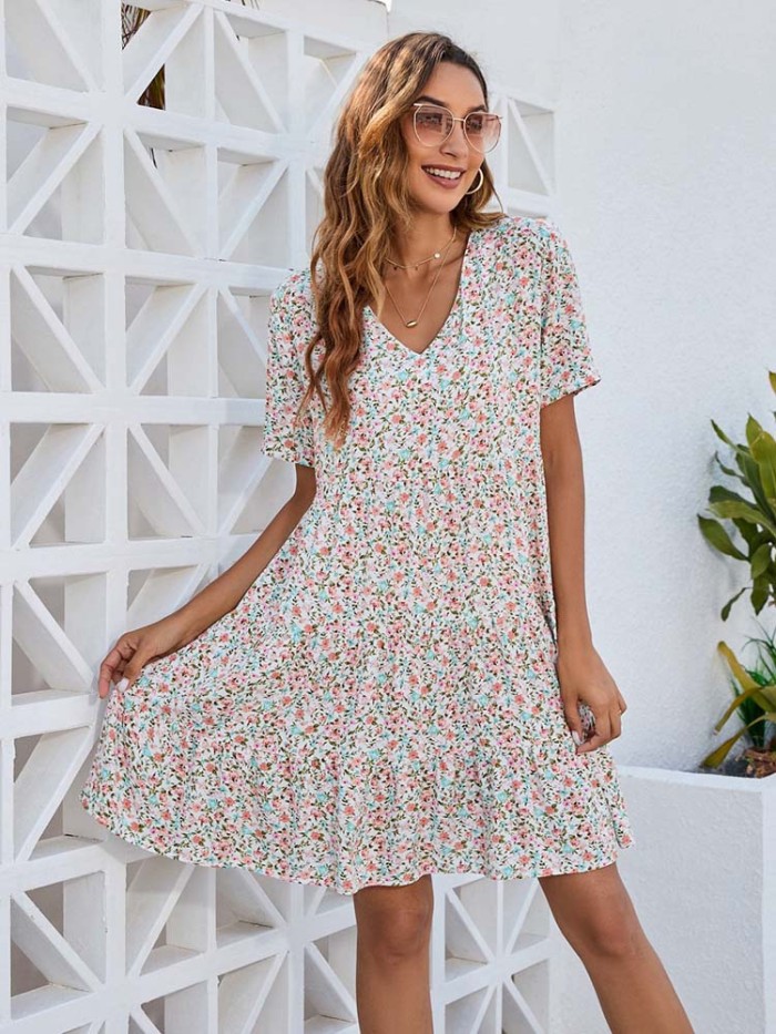 Summer Floral Loose V Neck Party A-Line Print Ruffle Mini Dress