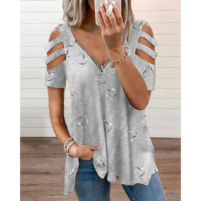 Solid Color Tops Fashion Zipper V Neck 3/4 Sleeves Elegant  Casual  Blouses & Shirts