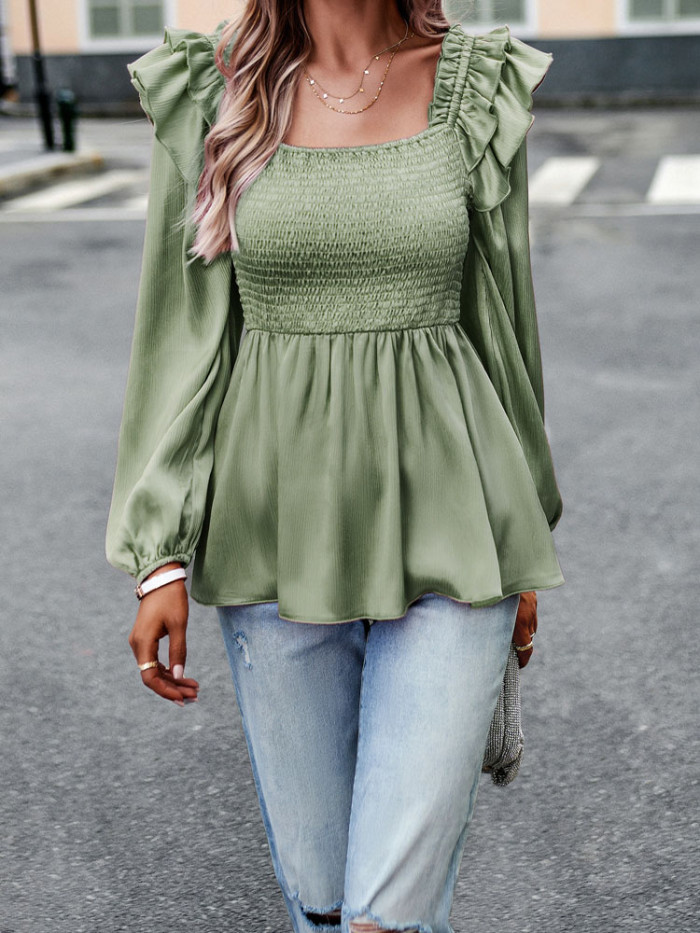 Fashion Ruffle Trim Pleated Elegant Open Back Casual Solid Color Puff Sleeve Blouses & Shirts