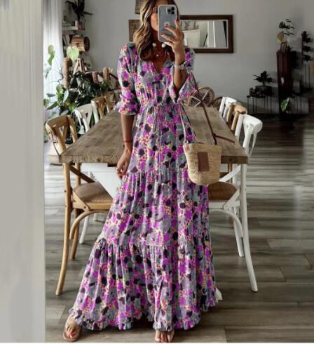 Women Floral Print Casual V-Neck Half Sleeve Loose Vintage Bohemian Beach Maxi Dress