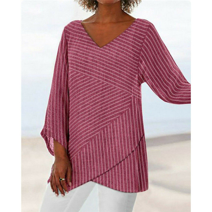 Women's Solid Color Cross Stripe Casual V-Neck Pullover Slim Long Sleeve T-Shirt