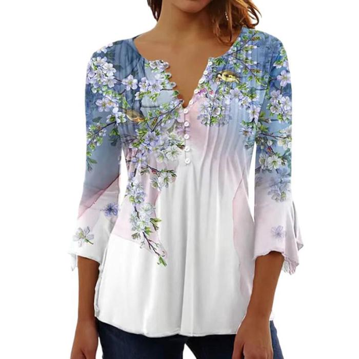 Trendy Floral Print Trendy V Neck 3/4 Sleeve Elegant Casual Chic Blouses & Shirts