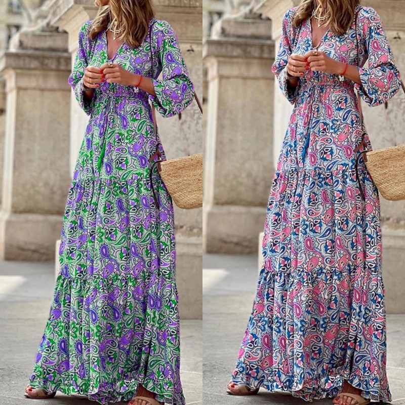 Elegant Bohemian Print V-Neck Long Sleeve Tie Fashion Maxi Dress