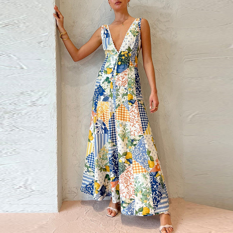 Fashion Printed A-Line Bohemian V-Neck Sexy Hollow Out Party  Maxi Dress
