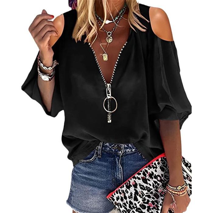 Solid Color Tops Fashion Zipper V Neck 3/4 Sleeves Elegant  Casual  Blouses & Shirts