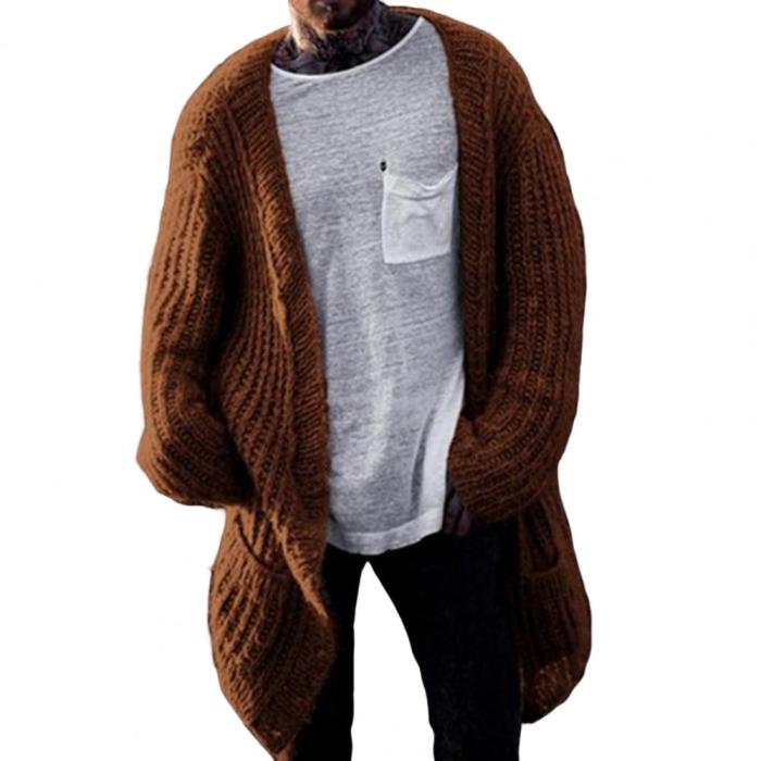 Men's Cardigan Sweater Long Sleeve V Neck Loose Mid Length Coat