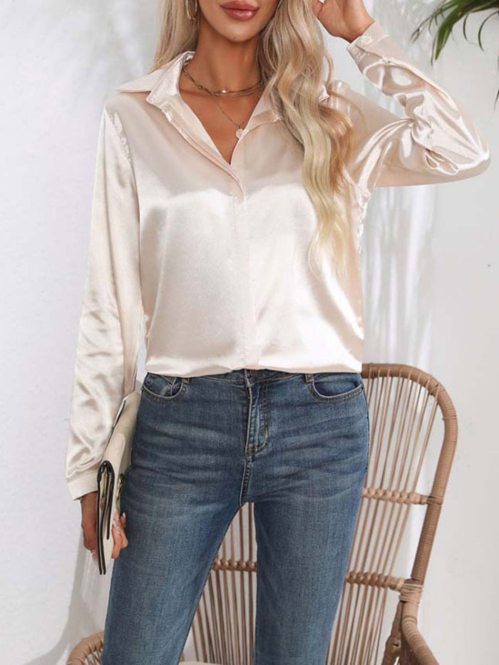 Fashion Satin V Neck Long Sleeve Office Loose Blouses & Shirts