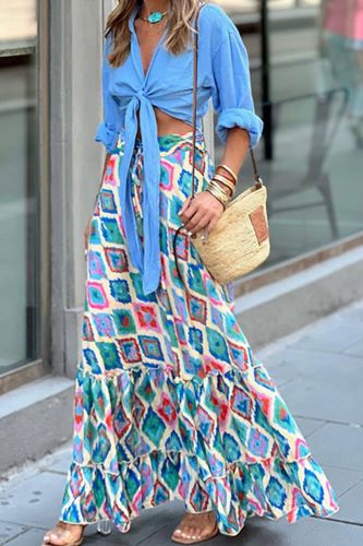 Bohemian Print High Waist Pleated Loose Holiday Beach Skirts