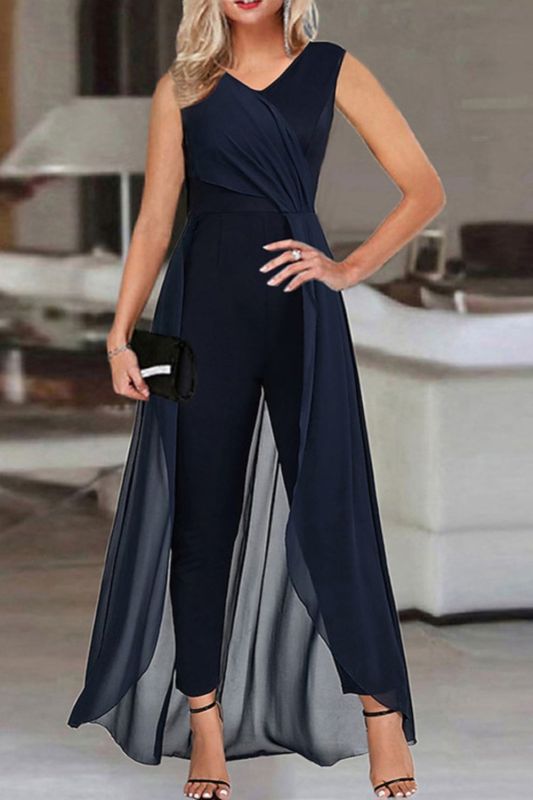 Office Fashion Solid Color Irregular Elegant Sleeveless V Neck High Waist Jumpsuits