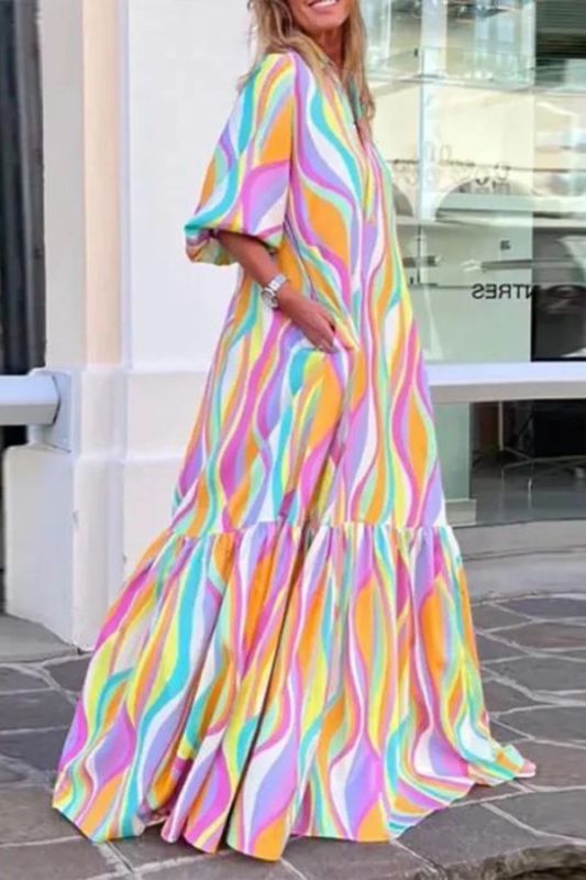 Fashion Stripe Print Bohemian V Neck Loose Vacation Beach Dress