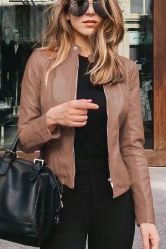 Women's PU Leather Jacket Solid Color Fashion Slim Short Coat
