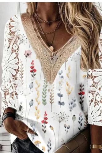 Fashion Floral Sexy Deep V Neck Embroidered Hollow Lace Blouses & Shirtst