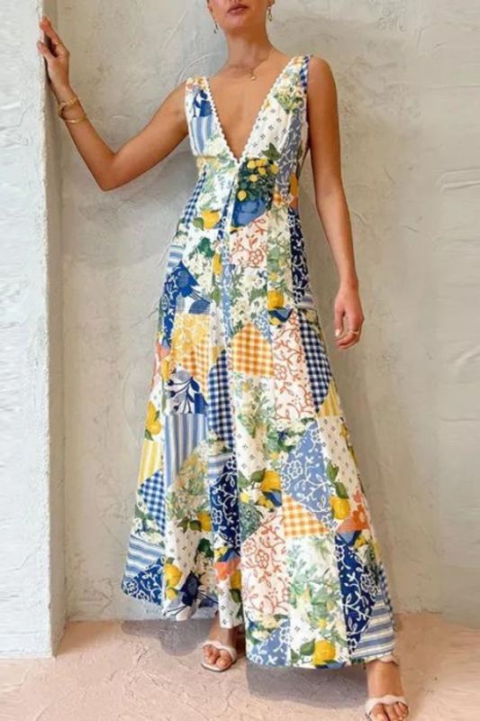 Fashion Printed A-Line Bohemian V-Neck Sexy Hollow Out Party  Maxi Dress