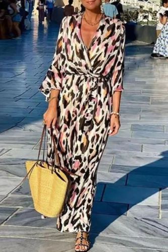 Trendy Leopard Print Lace Up Boho V Neck A Line Office Bell Sleeve Maxi Dress