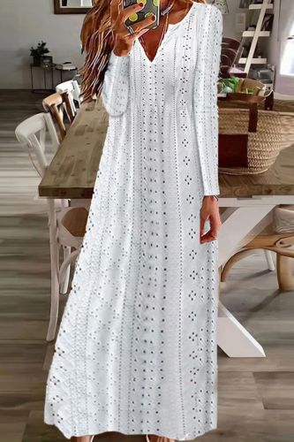 Fashion Boho Solid Color Embroidered Cutout Sexy V Neck Lace Party Maxi Dress