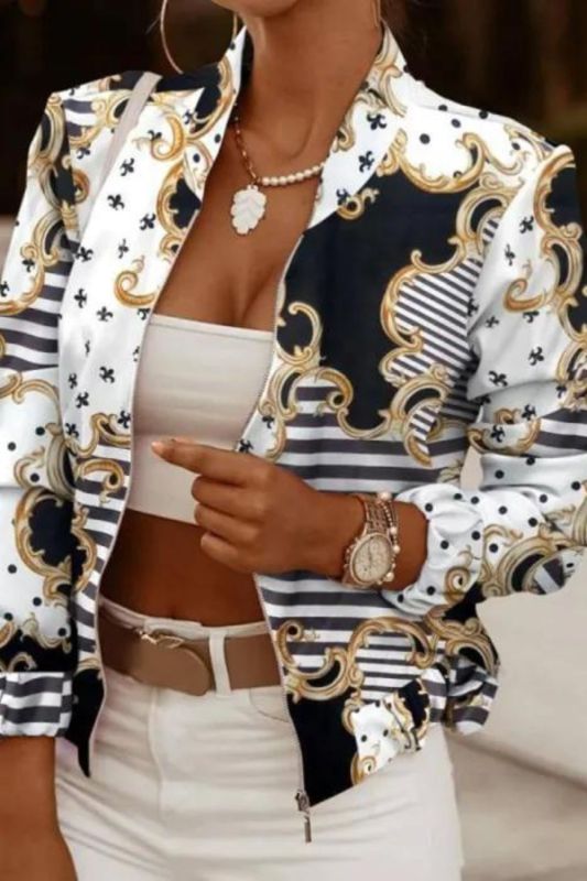 Women's Casual Retro Print Fashion Long Sleeve Slim Fit Zipper Jacket