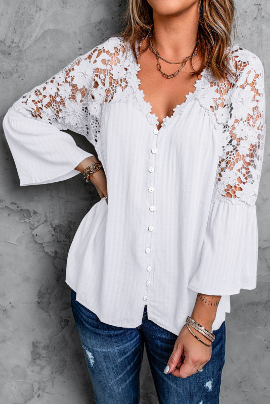 Fashion Elegant Summer Tops Lace Long Sleeve Hollow Out Blouses & Shirts