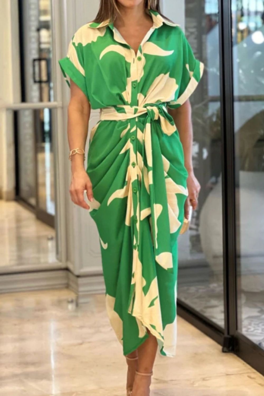 Elbow-Sleeve Lapel Collar Plain Tie Waist Half-Buttoned Maxi A-Line Dress