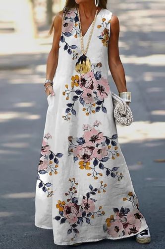 Fashion Floral Print A Line Cotton Elegant V Neck Sleeveless Loose Party Dress