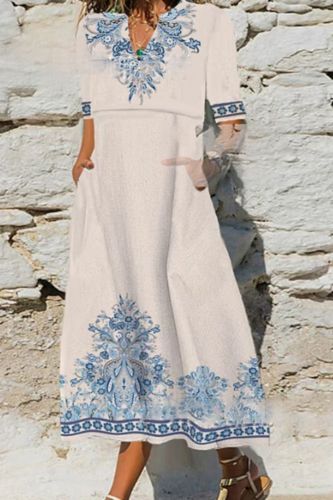 Trendy Ethnic Vintage Floral Print A-Line V-Neck Party Midi Dress
