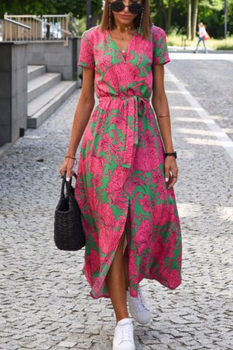 Fashion Summer V Neck Printed Slim Fit Casual Street  Midi Dress