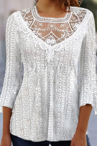 Sexy Round Neck Hollow Embroidery Lace Jacquard Office Blouses