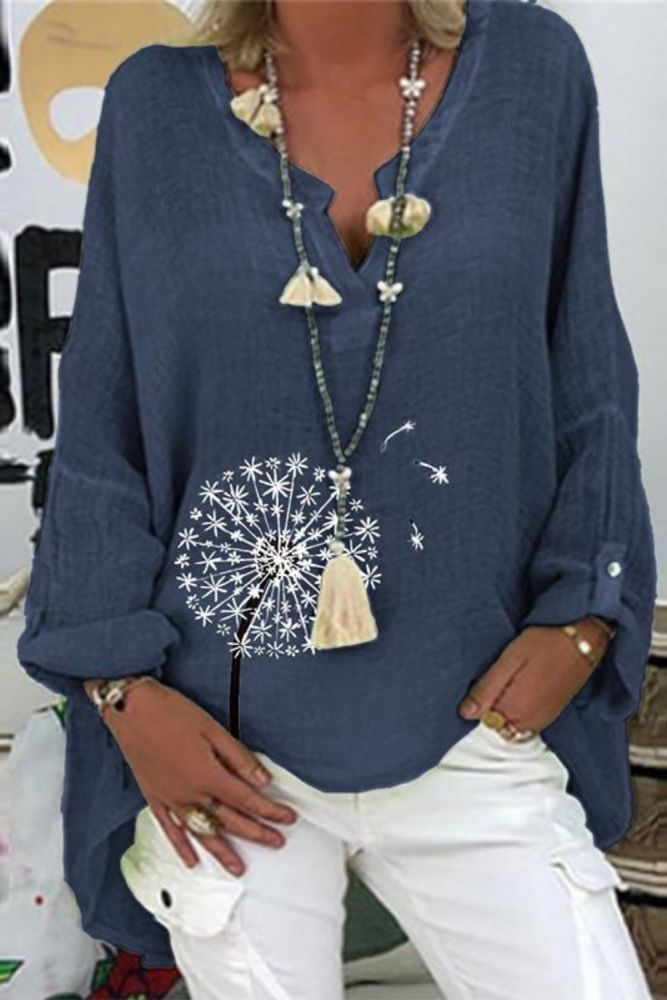 Casual V Neck Linen Cotton Elegant Print Long Sleeve Loose Blouses & Shirts