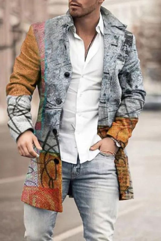 Men's Fashion Graphic Printed Casual Lapel Button Down Wool Coat