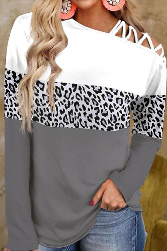 Fashion Off Shoulder Leopard Cross Fashion Casual Long Sleeve T-Shirts Top