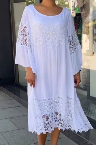 Embroidered Lace Stitching Party Hollow Round Neck Loose A-Line Midi Dress