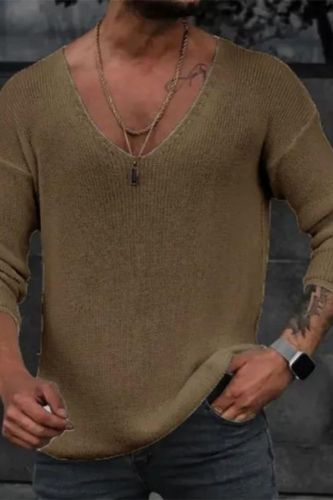 Men's Vintage Solid Knit Casual Loose V Neck Sweater Top