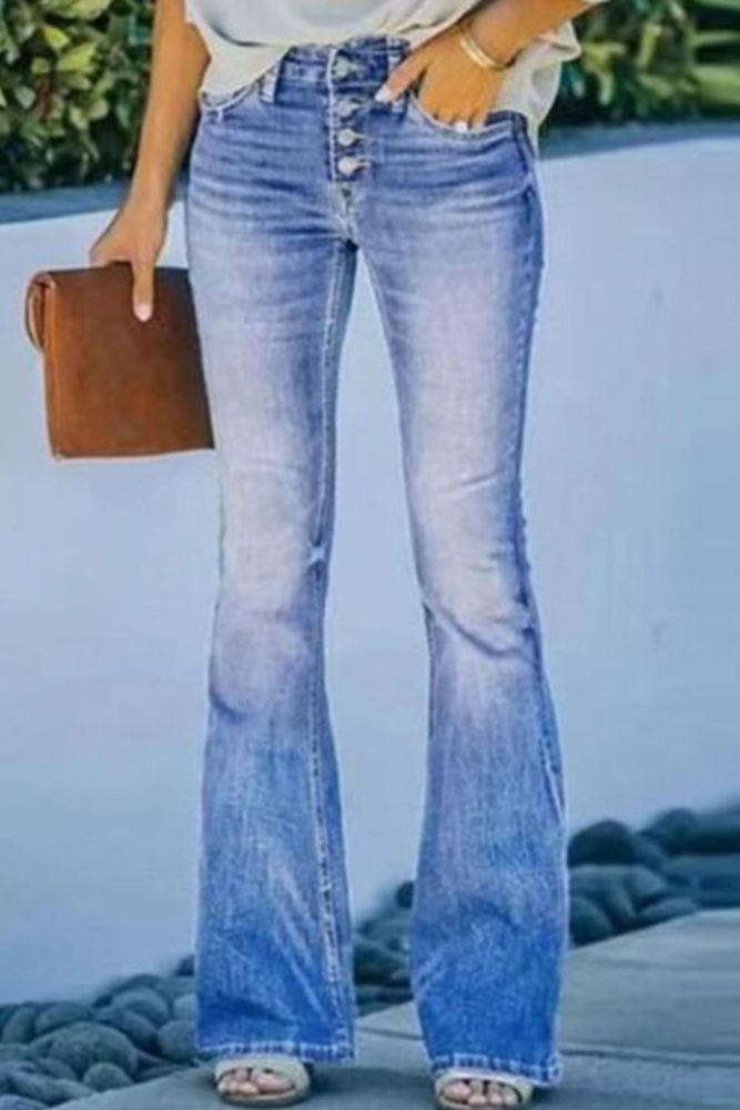 Fashion Solid Straight Elegant Button Office Jeans