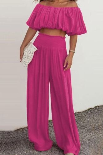 Sexy Slant Collar Top Wide Leg Pants Strapless Solid Color Hollow  Two Pieces Outfit