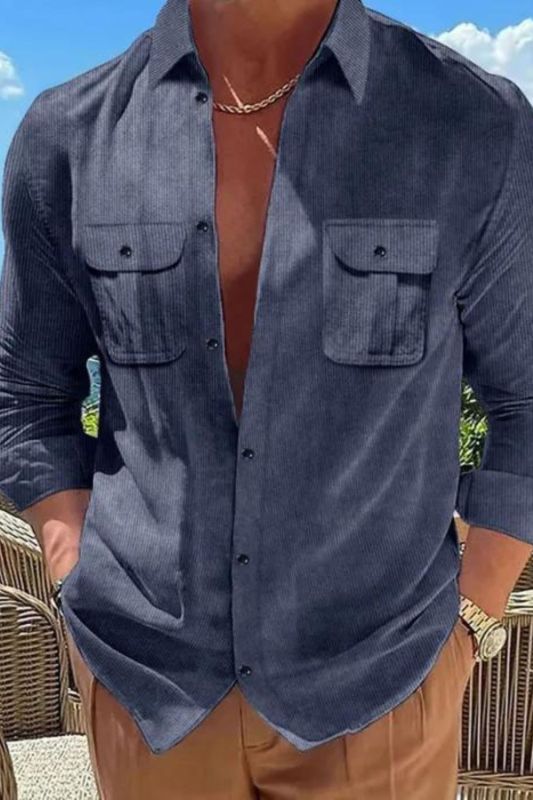 Men's Long Sleeve Top Vintage Pocket Button Lapel Loose Solid Color Blouse & Shirts