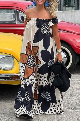 Boho Beach Retro Elegant Off-The-Shoulder Printed Oversized Maxi Dress