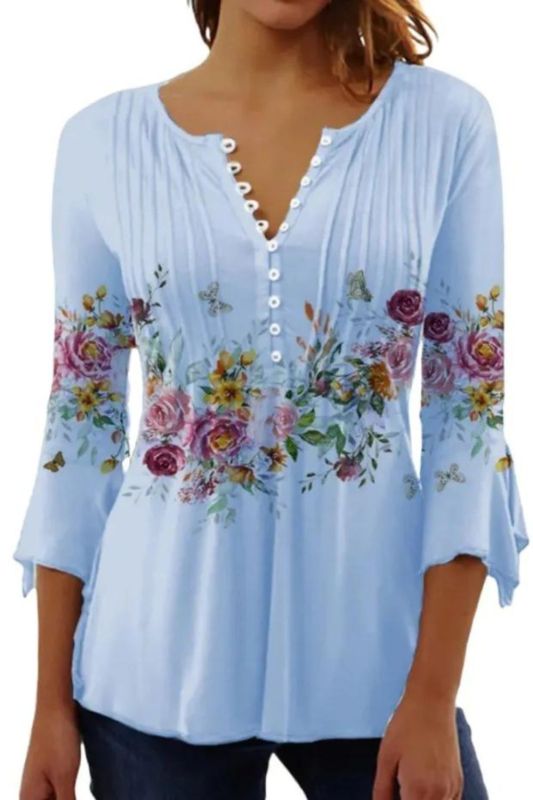 Trendy Floral Print Trendy V Neck 3/4 Sleeve Elegant Casual Chic Blouses & Shirts