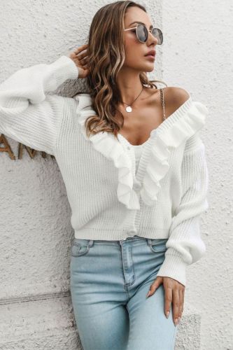 Women's Fashion Ruffle Trim V Neck Long Sleeve Pullover Knitted Sweater
