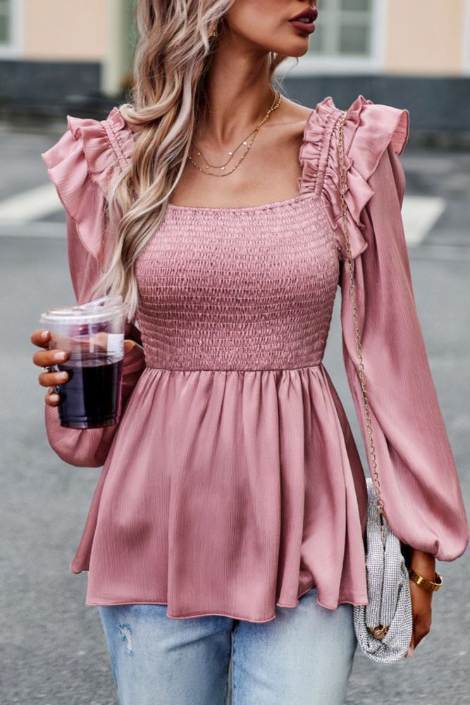 Fashion Ruffle Trim Pleated Elegant Open Back Casual Solid Color Puff Sleeve Blouses & Shirts