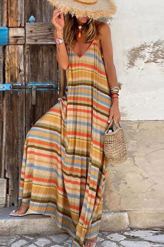 Women's Sexy Colorful Striped Printing Bohemian Deep V Neck Cutout Party Maxi Dress