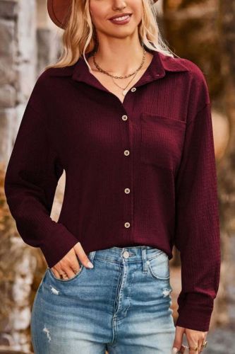 Women's Button Down Loose Pleated Pocket Long Sleeve Blouses & Shirts
