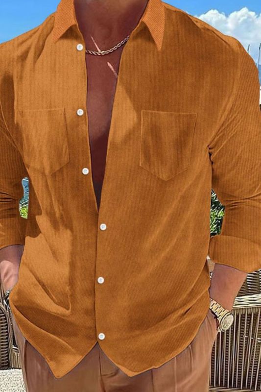 Men's Retro Casual Solid Color Loose  Button Lapel Casual Shirt Top