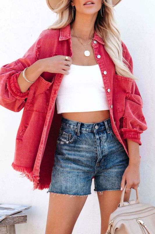 Women's Fashion Loose Pocket Ripped Jeans Coats
